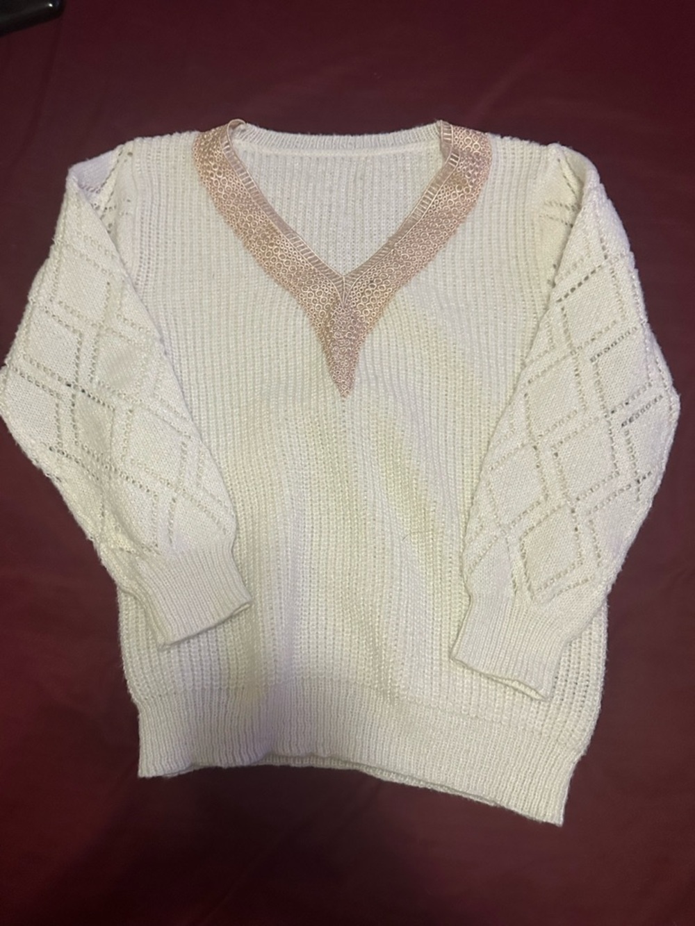 SHEIN Cream V-Neck Knit Sweater with Gold Embellished Trim
